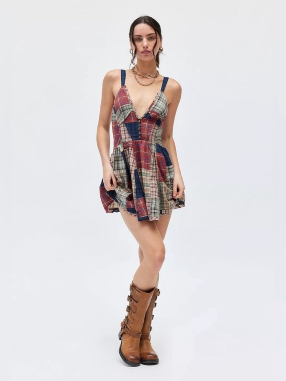 UO BDG Bryn Fit & Flare Mini Dress - Plaid Patchwork Cotton Plunge Dress - Picture 4 of 4